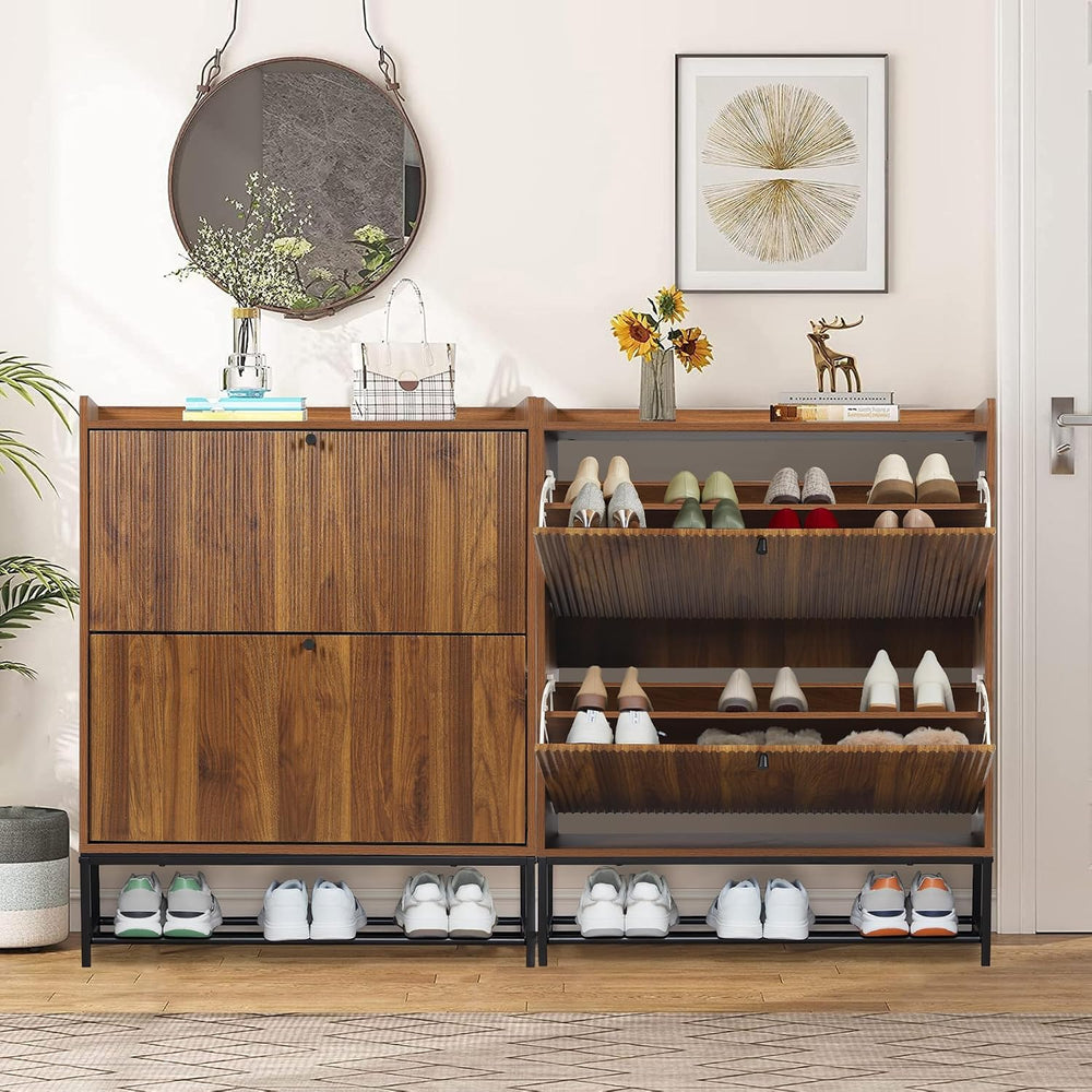 RARZOE Fluted Shoe Cabinet for Entryway with 2 Flip Drawers, Narrow Wood Shoe...
