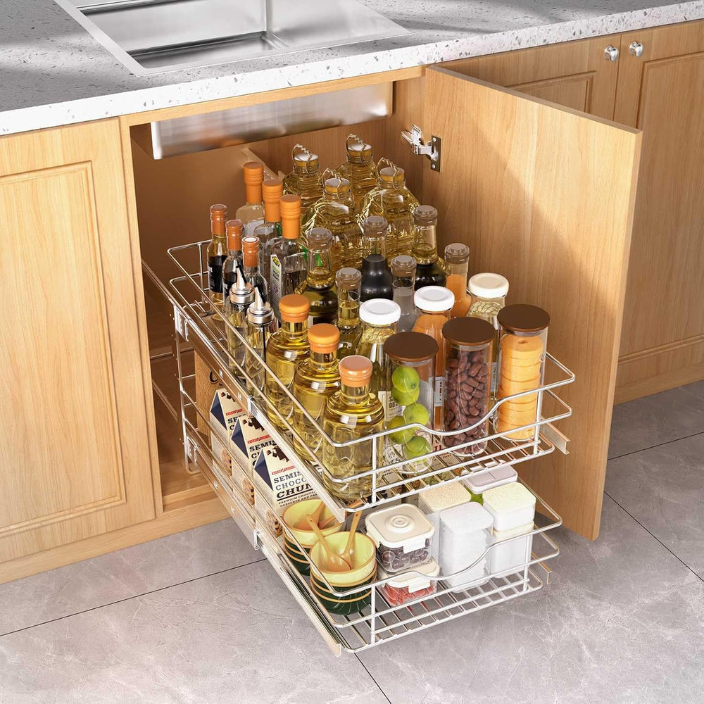 2 Tier Pull Out Cabinet Organizer,(14½"W x 22" D) Soft Close Slide ...