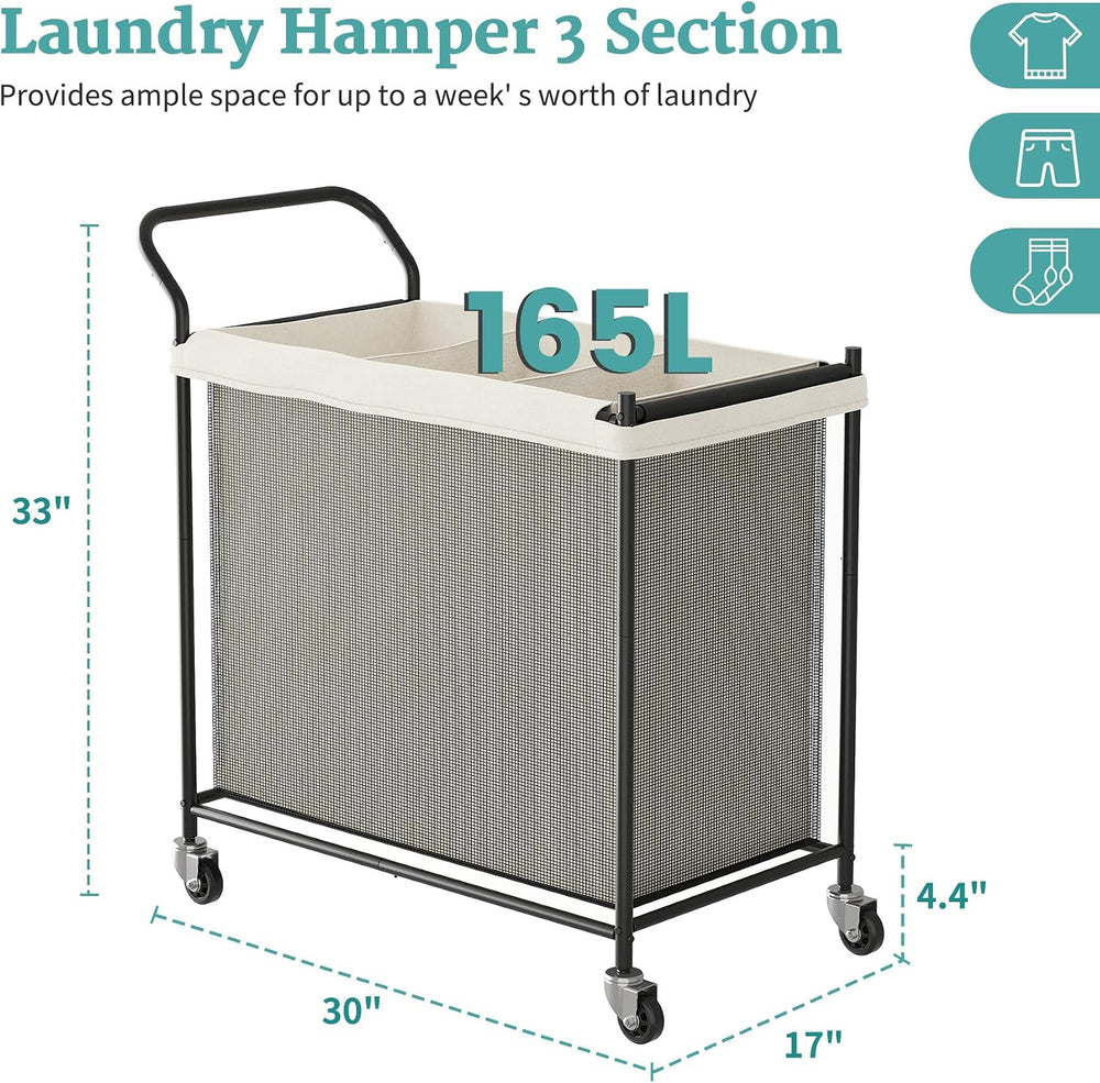 Laundry Hamper 3 Section, Laundry Basket with Wheels-165L, Removable Washable...