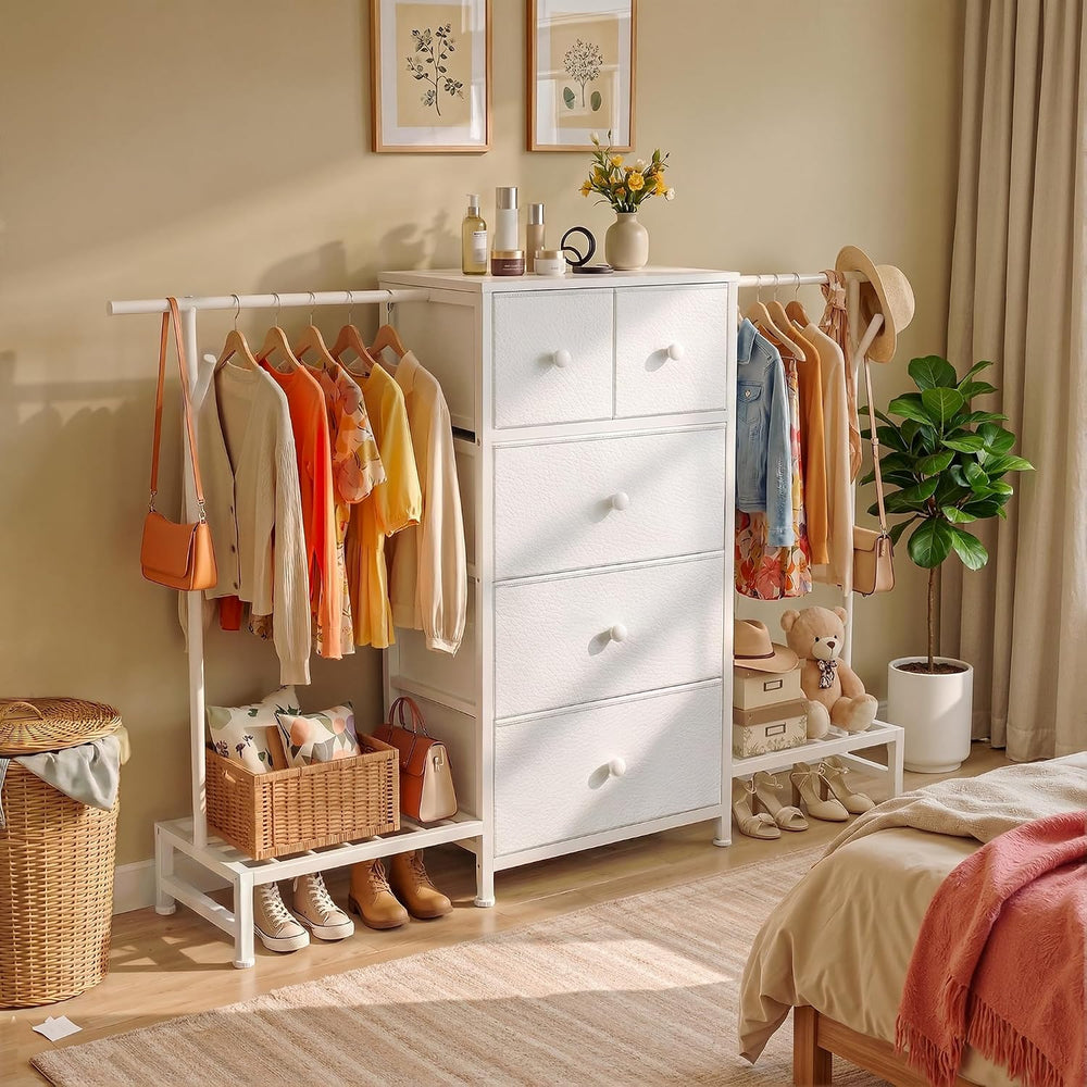 Romorgniz 3-in-1 White Dresser with Hanging Rack, 5 Drawers & 2 Shoe Racks