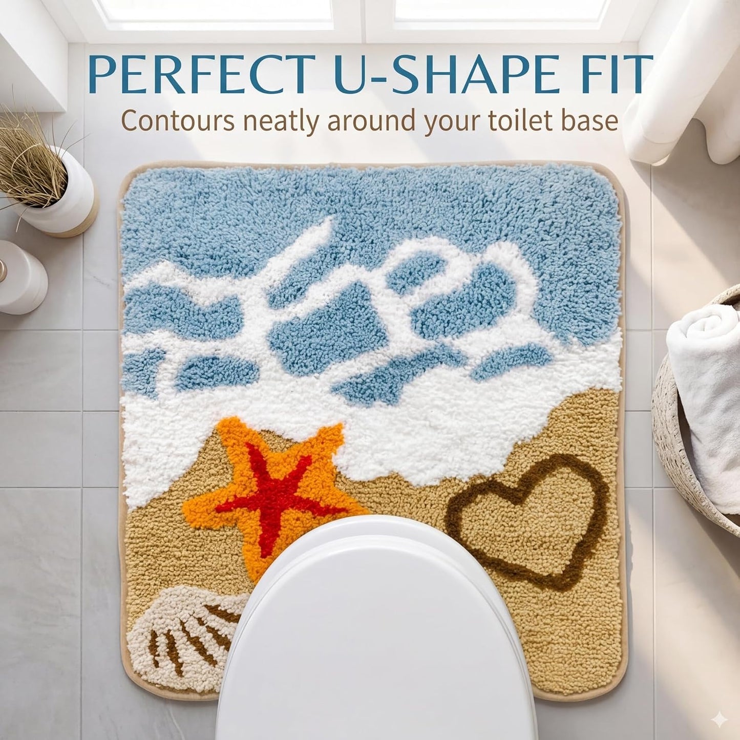 U-Shaped Beach Bathroom Rugs, Soft Plush Toilet Rugs Washable with Non Slip TPR Backing, Coastal Ocean Starfish Design, Blue, 24"x20"