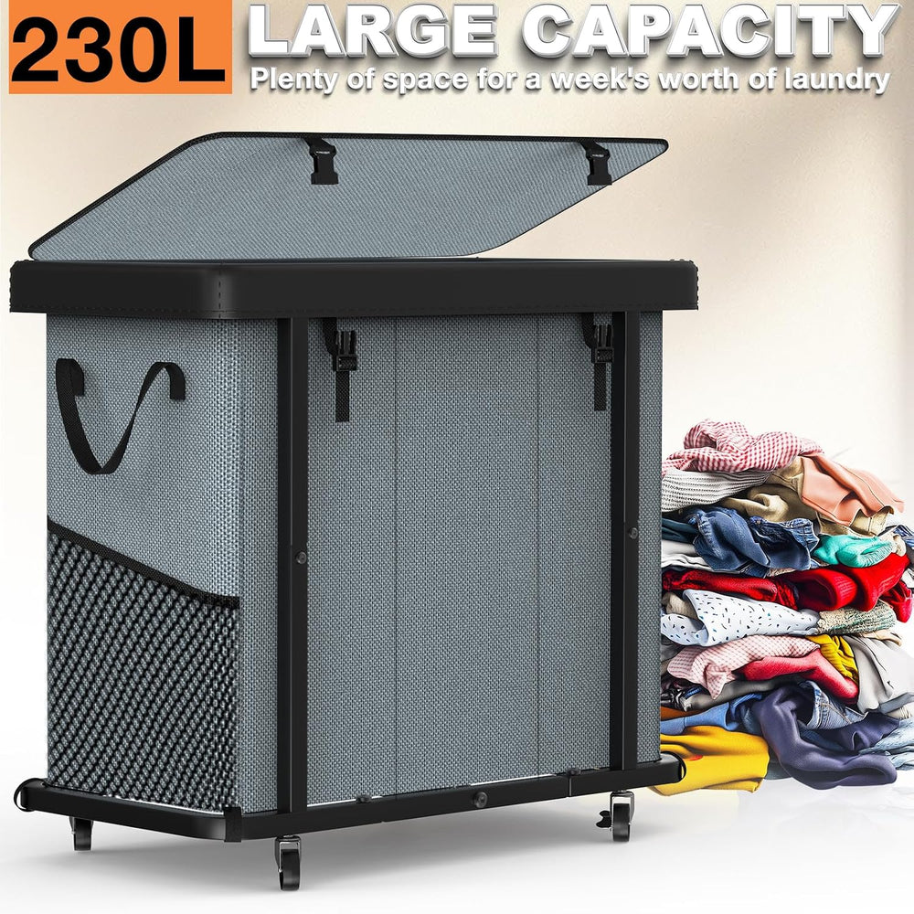 Laundry Basket with Wheels, 230L(60Gal) Laundry Sorter 3 Section - Gray