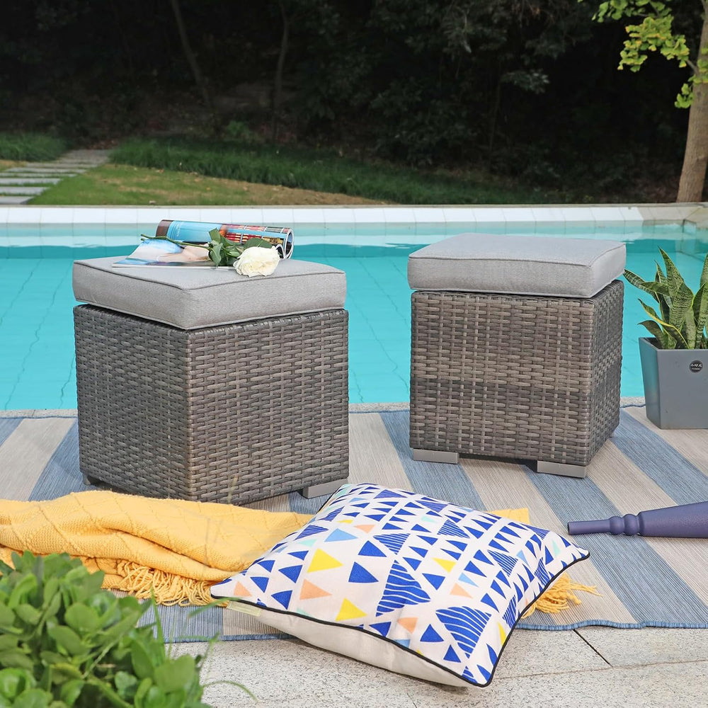 Patiorama 2 Pieces Assembled Outdoor Patio Ottoman, Grey Wicker, Light Grey