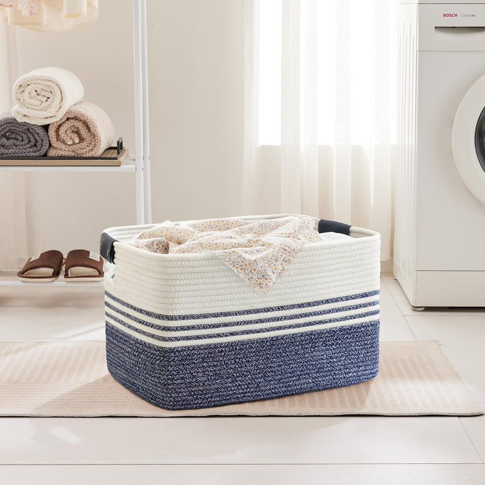 72L Woven Laundry Basket Hamper with Leather Handles,Denim Blue