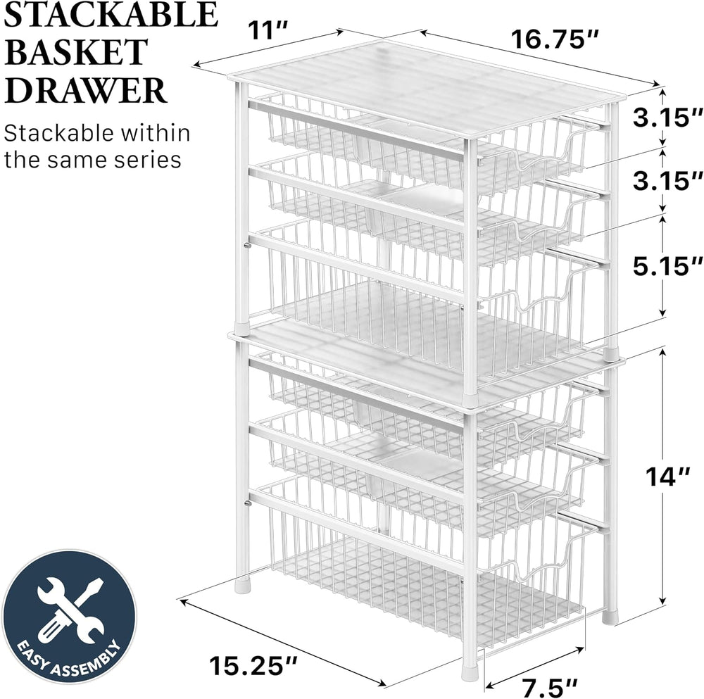 Simple Houseware Stackable 3 Tier Sliding Basket Organizer Drawer, White