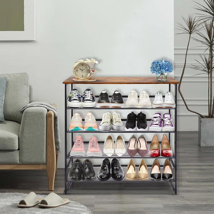 Garden 4 you Shoe Rack for Entryway 5 Tiers 11.8" D x 29" W x 36.5" H, Metal Shoe Rocks with Brown Wooden Tabletop, Angled Shoes Rack with Adjustable Mesh Shelves for Entryway Hallway Closet