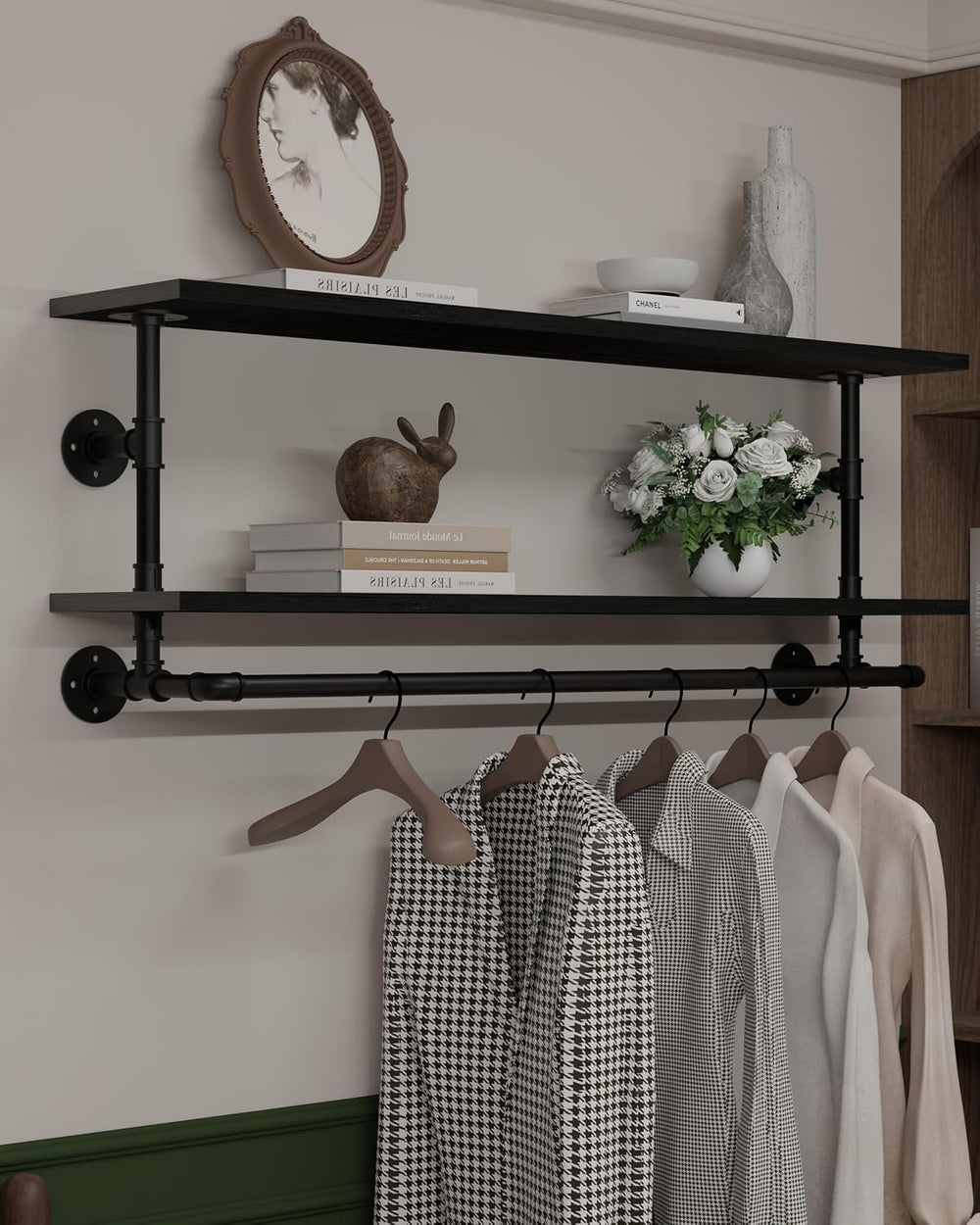 Black Clothes Rack 48in, 2-Tier Wall Mounted Garment Rack with Real Wood Shel...
