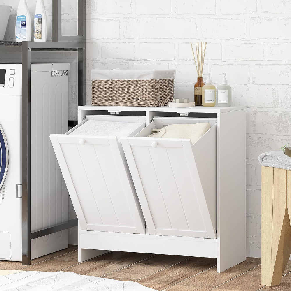 kleankin Double Tilt Out Laundry Hamper Cabinet with Storage 2 Doors White