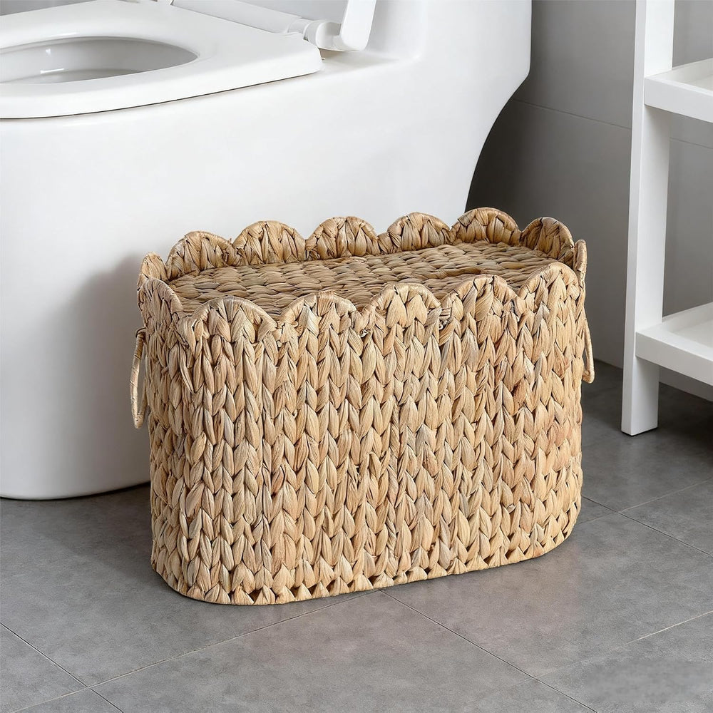Narrow Wicker Toilet Paper Holder Basket with Lid, Scalloped Wicker Storage B...