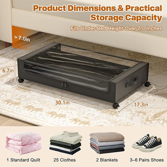 Under Bed Storage with Wheels, XXL 60L Under Bed Storage Containers with Clear - Image 2