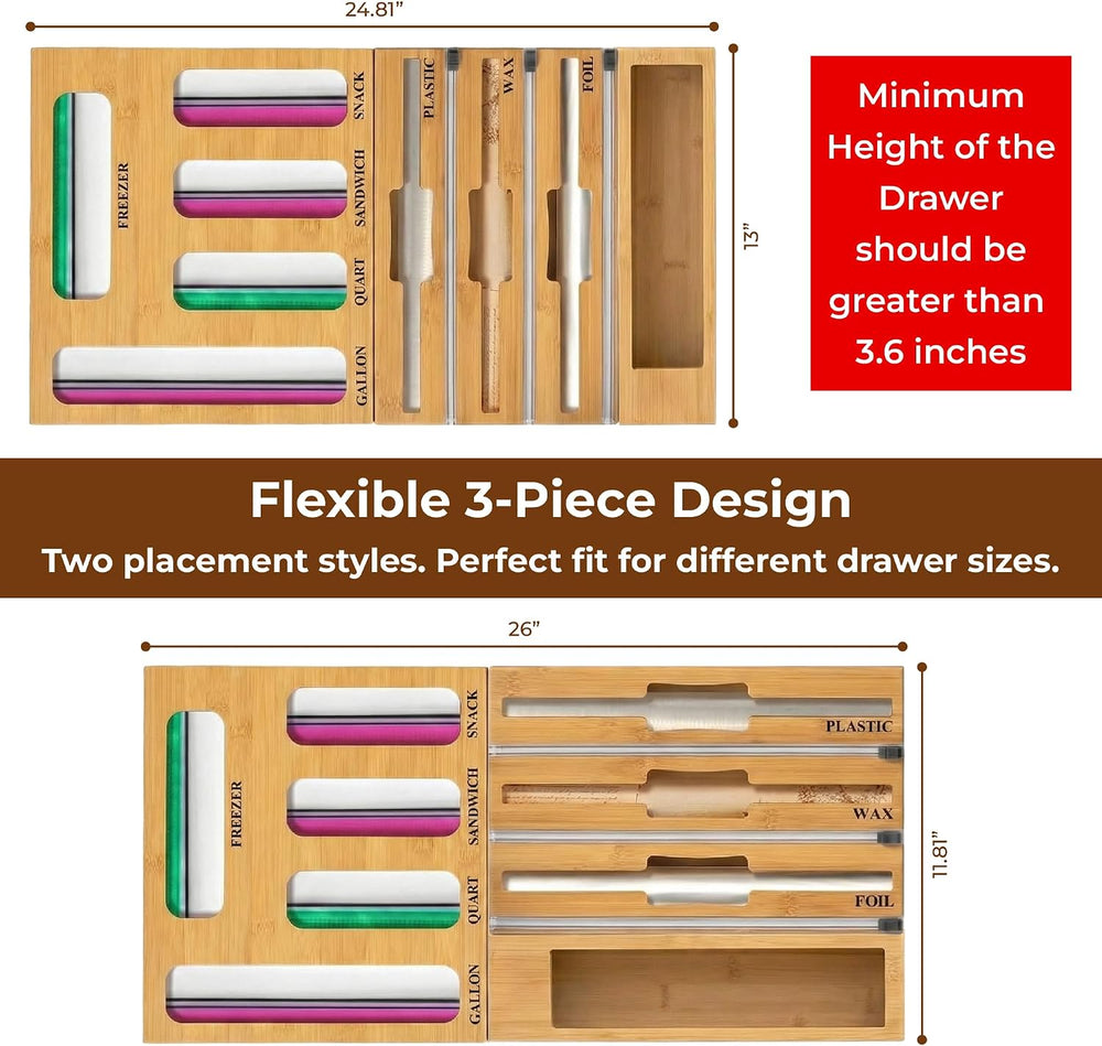9-in-1 Bamboo Kitchen Drawer Organizer - Storage Bag Holder with Built-In Foi...
