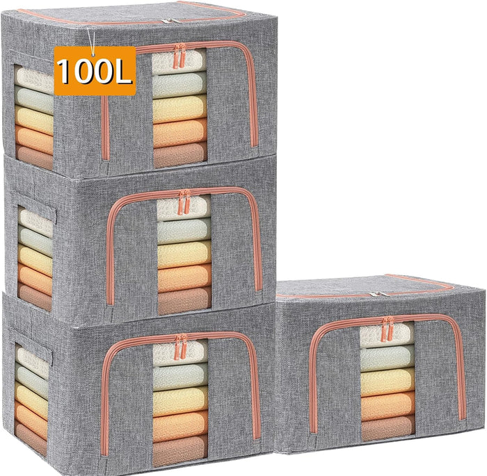 100L Large Storage Bags,Stackable Clothes Storage Bins with Hold Shape Metal Frame,Foldable Closet Organizer Containers with Zipper,Clear Window,Thick Fabric for Seasonal Clothing (Gray, 4 Pack)