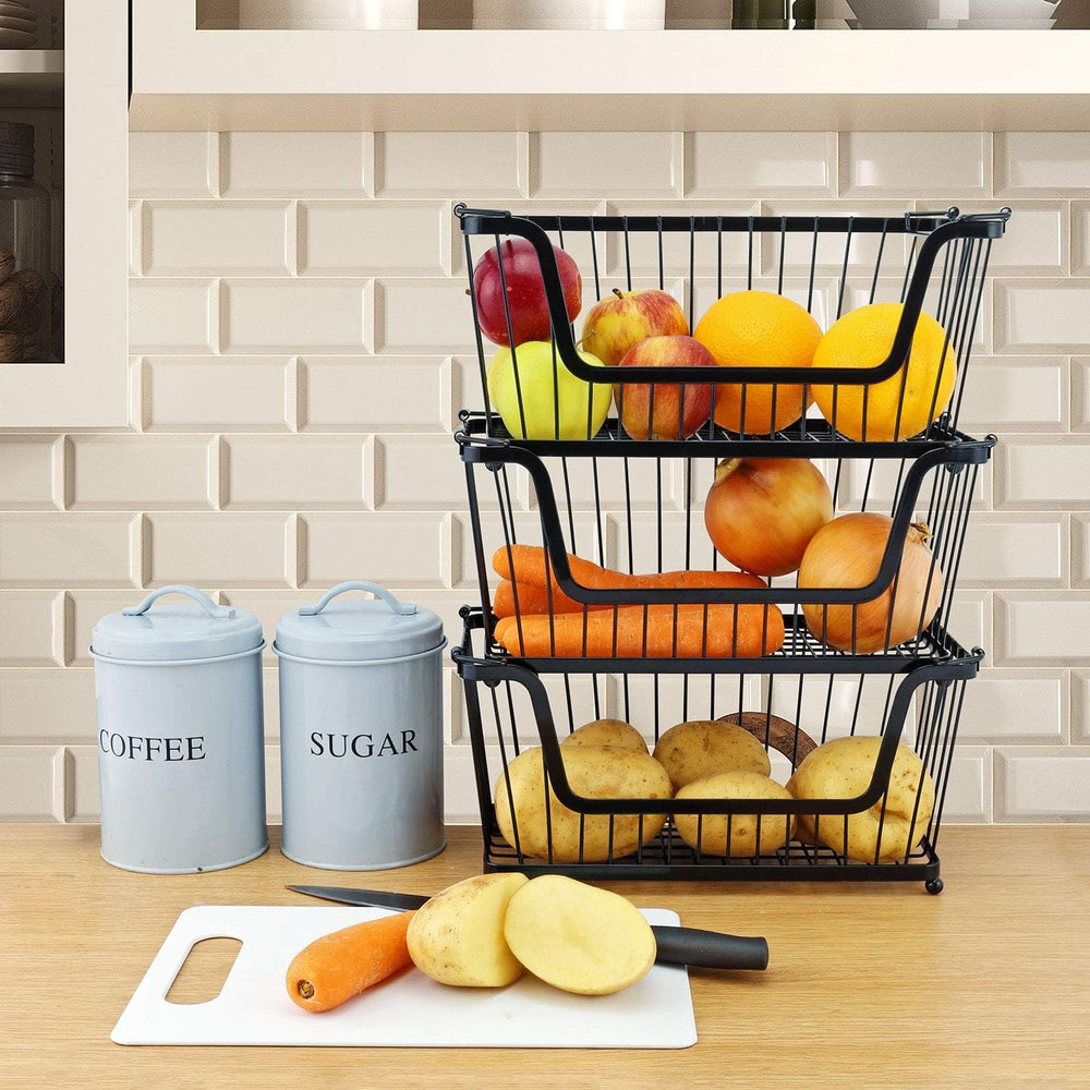 Taylor & Brown Set of 3 Black Storage Stacking Wire Basket Stackable Shel...