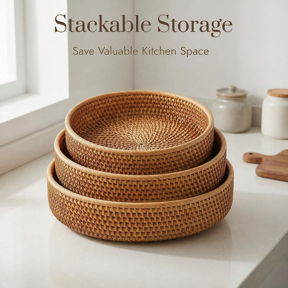 YANGQIHOME Fruit Basket, Wicker Basket Rattan Fruit Bowls, Round Bread Basket...
