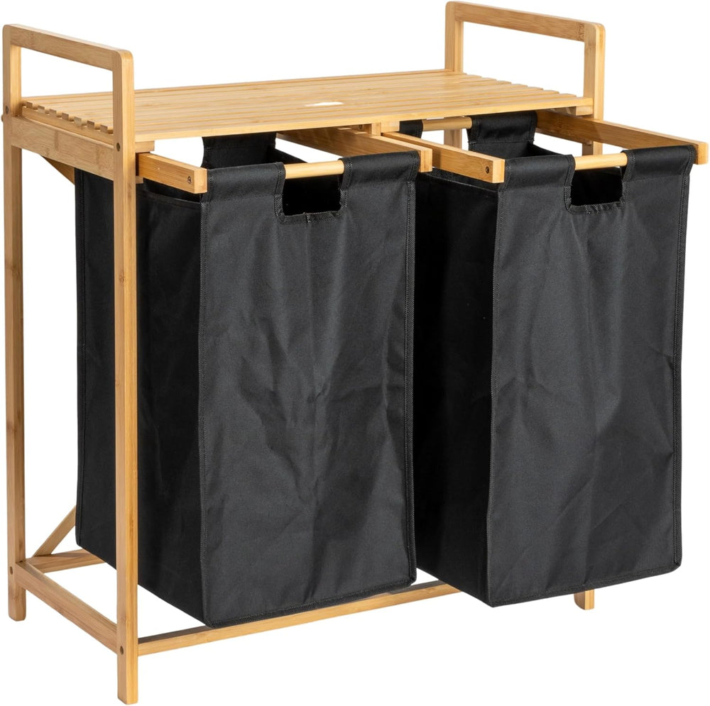 Household Essentials Bamboo Pull Out Double Hamper with Shelf, Natural and Black