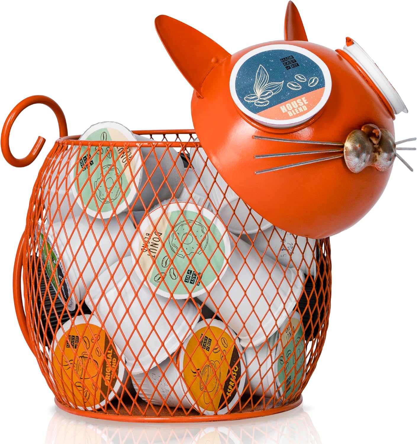 Cat Coffee Pod Holder Basket – Metal K-Cup Organizer for Countertop Coffee Bar – Cute Kitchen Décor Storage for Keurig Pods, Creamers & Capsules (Cat, Orange)
