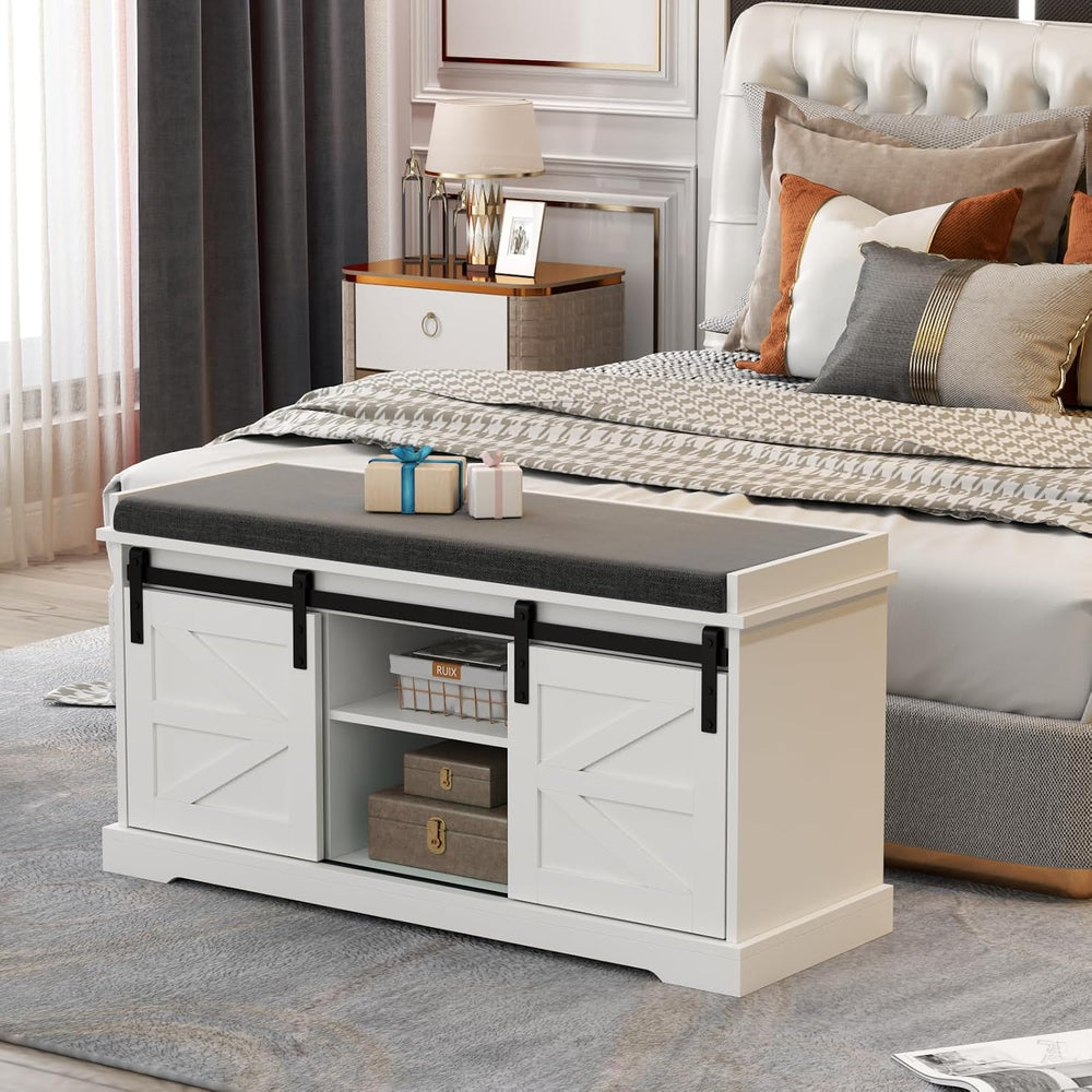 Loomie 39" Wide White Shoe Storage Bench with Removable Seat Cushion