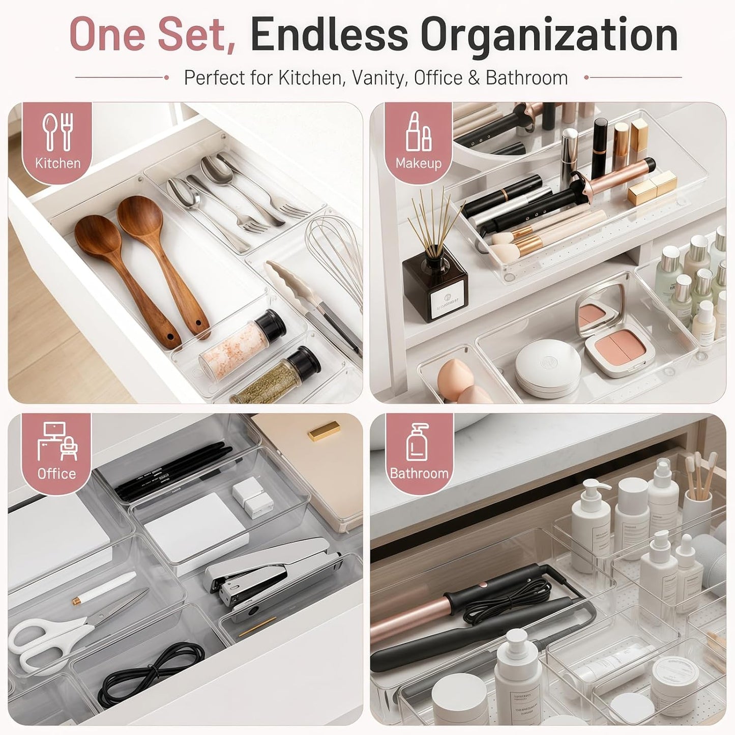 Drawer Organizer, 10 Pack Large Clear Plastic Organizer Bins 5 Sizes, Versatile Bathroom Drawer Trays, Heavy Duty Non‑Slip Drawer Dividers for Makeup, Office & Kitchen Utensils