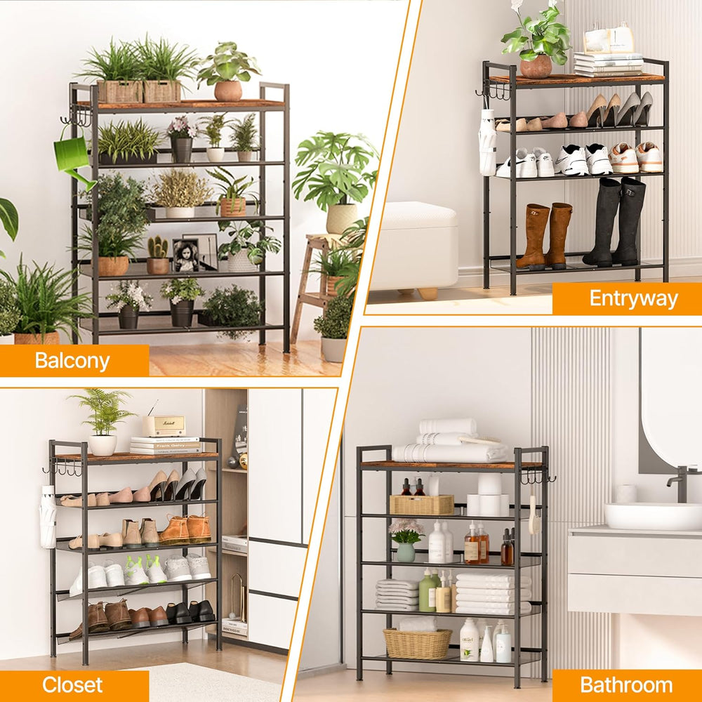 5 Tier Shoe Rack, Shoe Rack for Entryway with Hook, Shoe Organizer with Adjus...