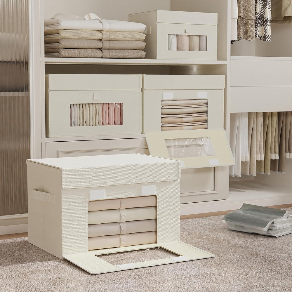Transparent Window Storage Bins, 4 Pack, Beige, 15x9.8x9.8 In