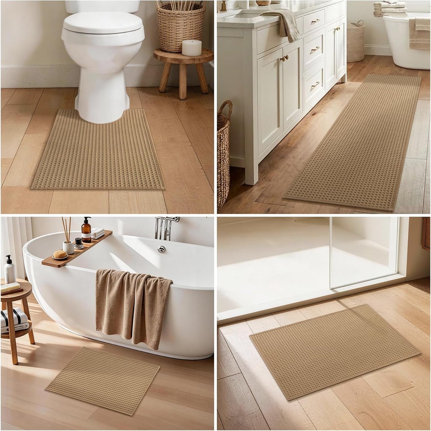 YIHOUSE Waffle Ultra Thin Small Bath Mat, Soft & Absorbent Bathroom Rug, Non-Slip Rubber Backed, Quick Dry Shower Mat, Boho Farmhouse Bathroom Decor, Machine Washable, Khaki, 17 * 24