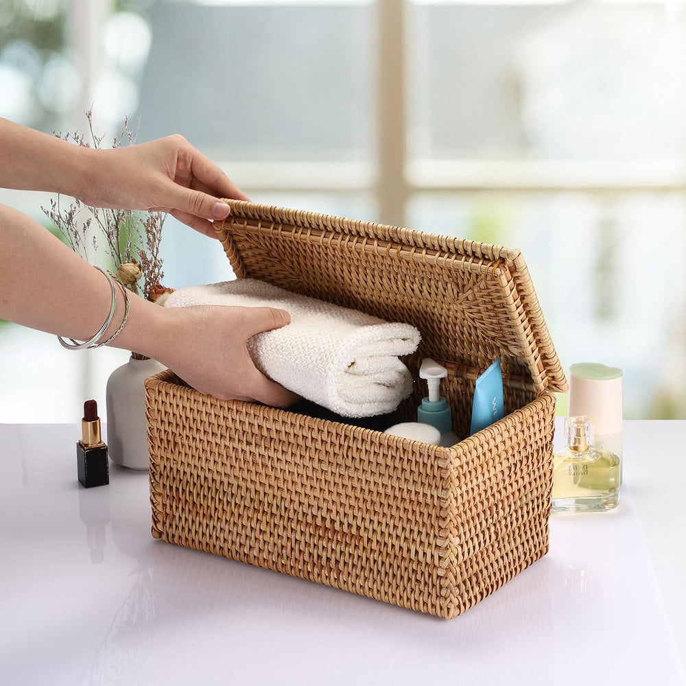 Hipiwe Rattan Basket Storage Box with Lid Handwoven Lidded Wicker Baskets