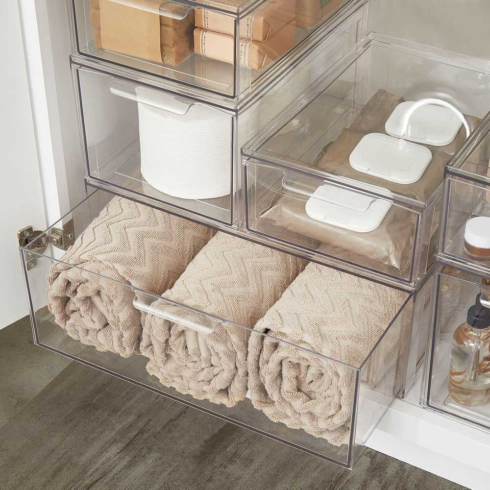 mDesign Plastic Stackable Bathroom Storage Organizer Bin Containers with Fron...