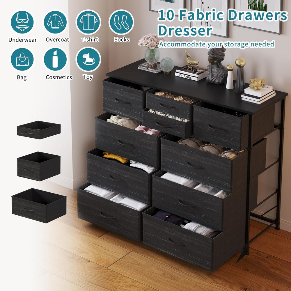 LUMTOK 10 Drawers Dresser with Fabric Bin for Bedroom,Closets,Black Dresser