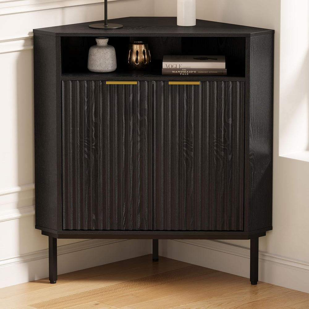 Fluted Corner Cabinet with Storage, Modern Floor Cabinets with Adjustable She...