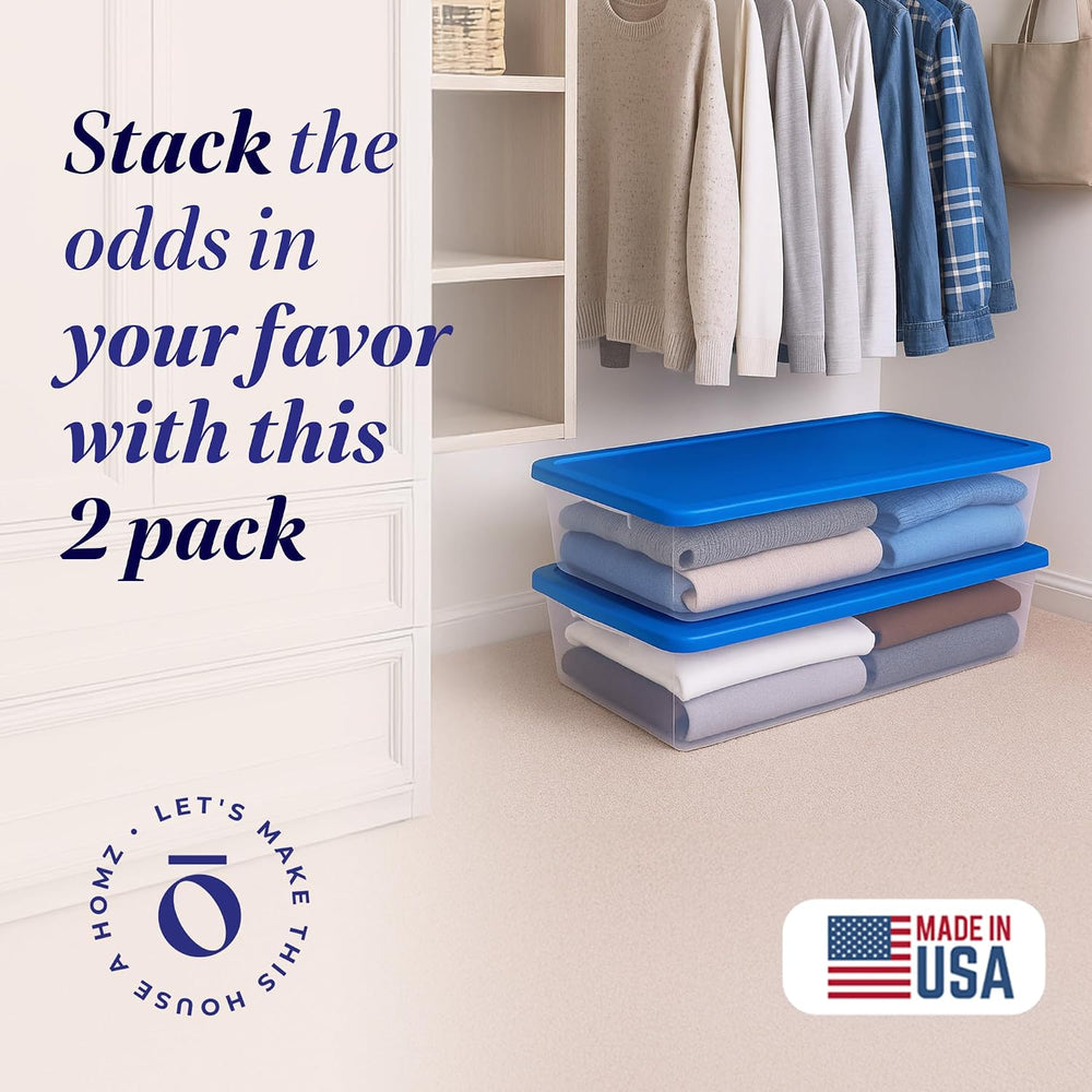 HOMZ 2-Pack Snaplock, Large Clear Plastic Storage Organizer Bins w/Lids, 41 Q...