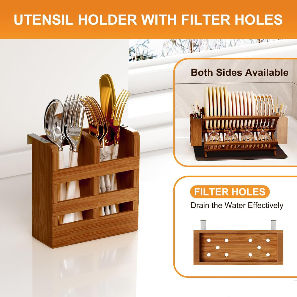 Greenual Teak Dish Drying Rack with Utensil Holder, 2 Tier Collapsible Dish R...