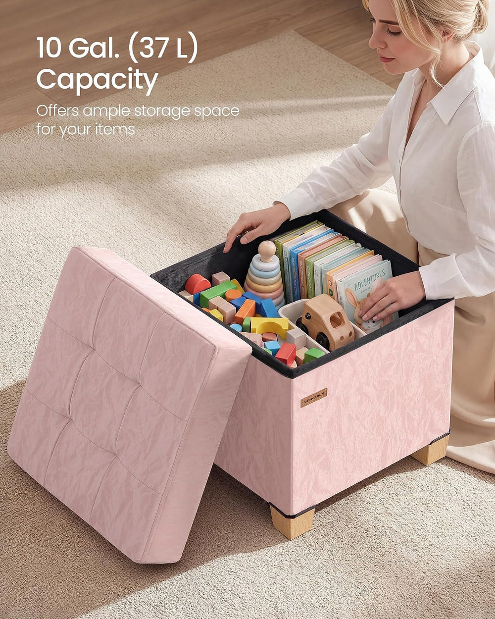 SONGMICS Storage Ottoman, Textured PU Leather Footstool with Cushion