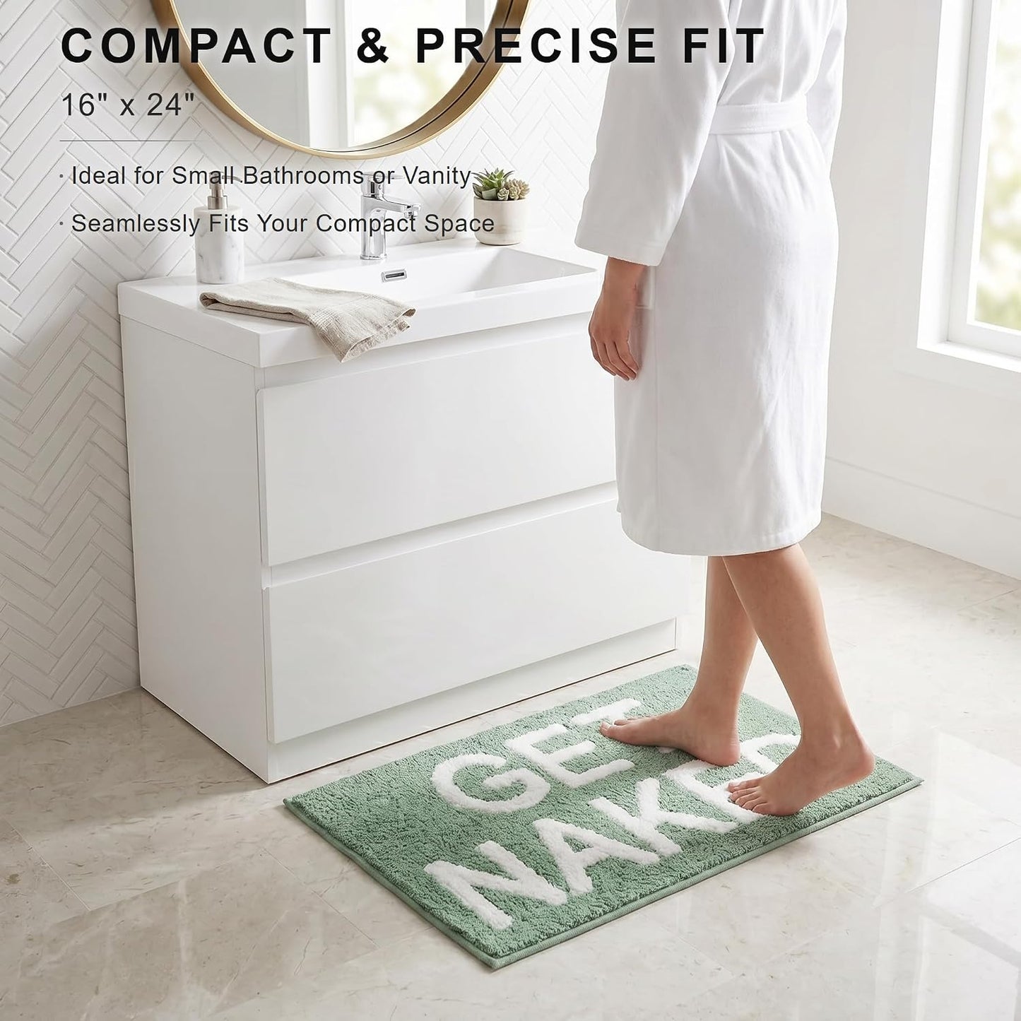 Sage Green Get Naked Bath Mat 16"x24",Boho Bathroom Rug Decor | Boho Bathroom Rug Decor,Cute Minimalist Bath Rug,0.7" Thick Soft Microfiber Shower Mat,Non-Slip TPR Backing,Machine washable.