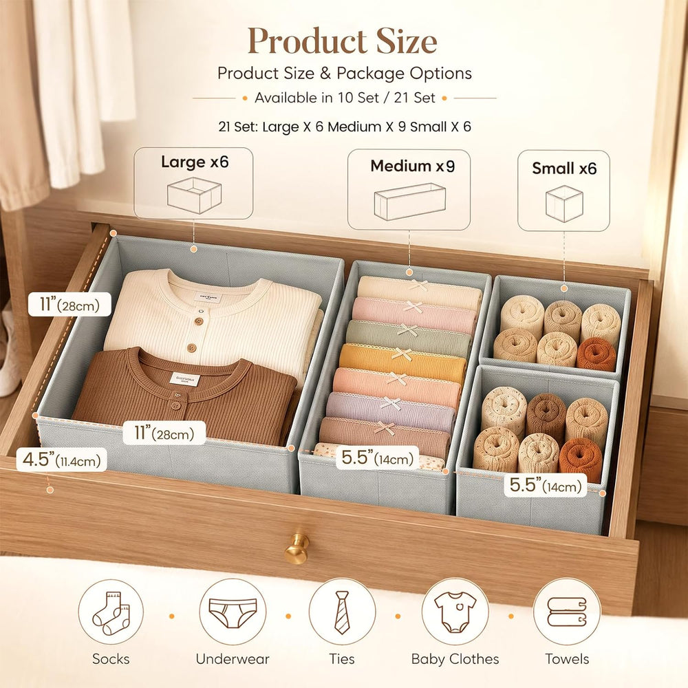 Drawer Organizer Storage for Clothes, Socks, 21 Pack, Grey