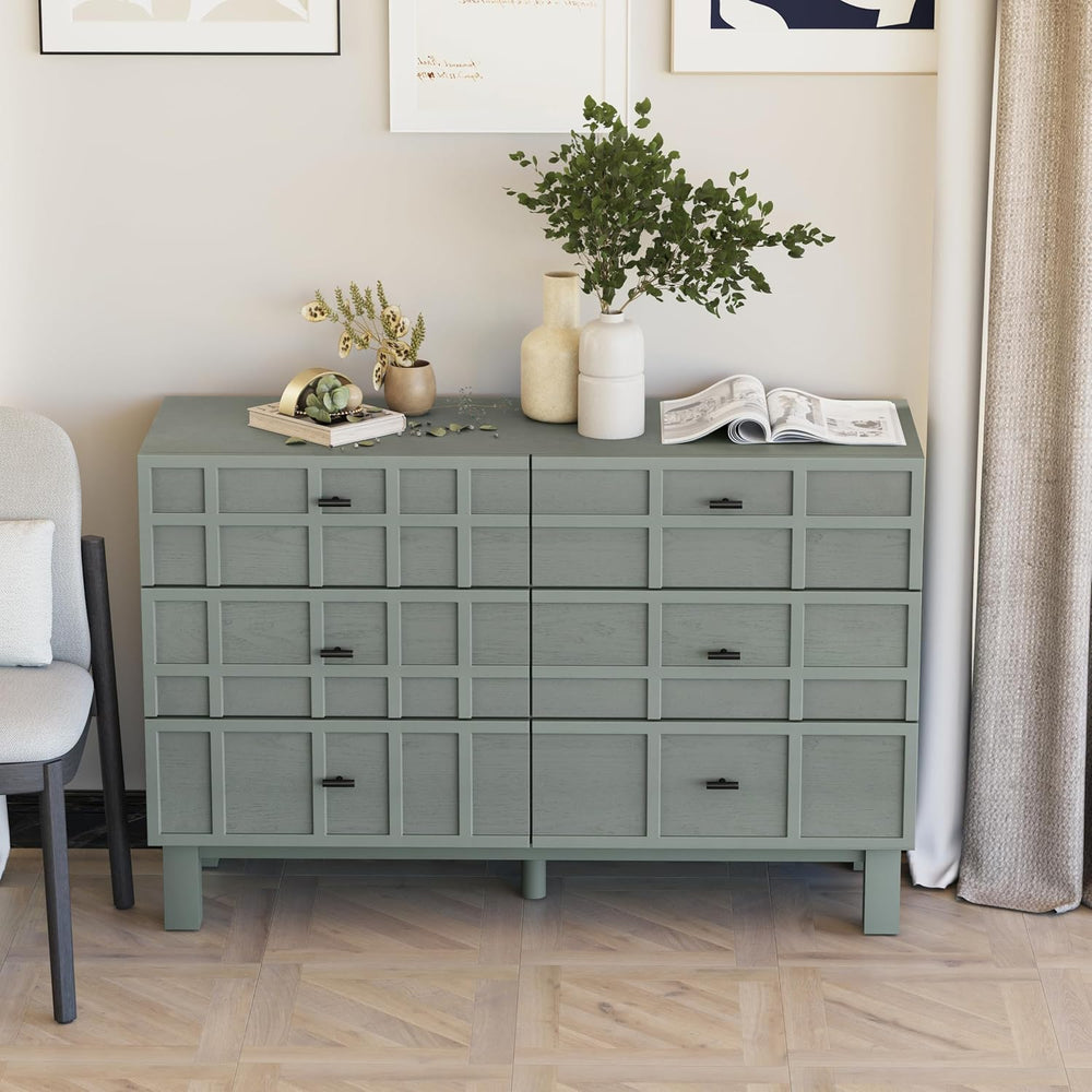 Aoikax Modern 6 Drawer Double Dresser with Grid Carved Pine Front, Minimalist...