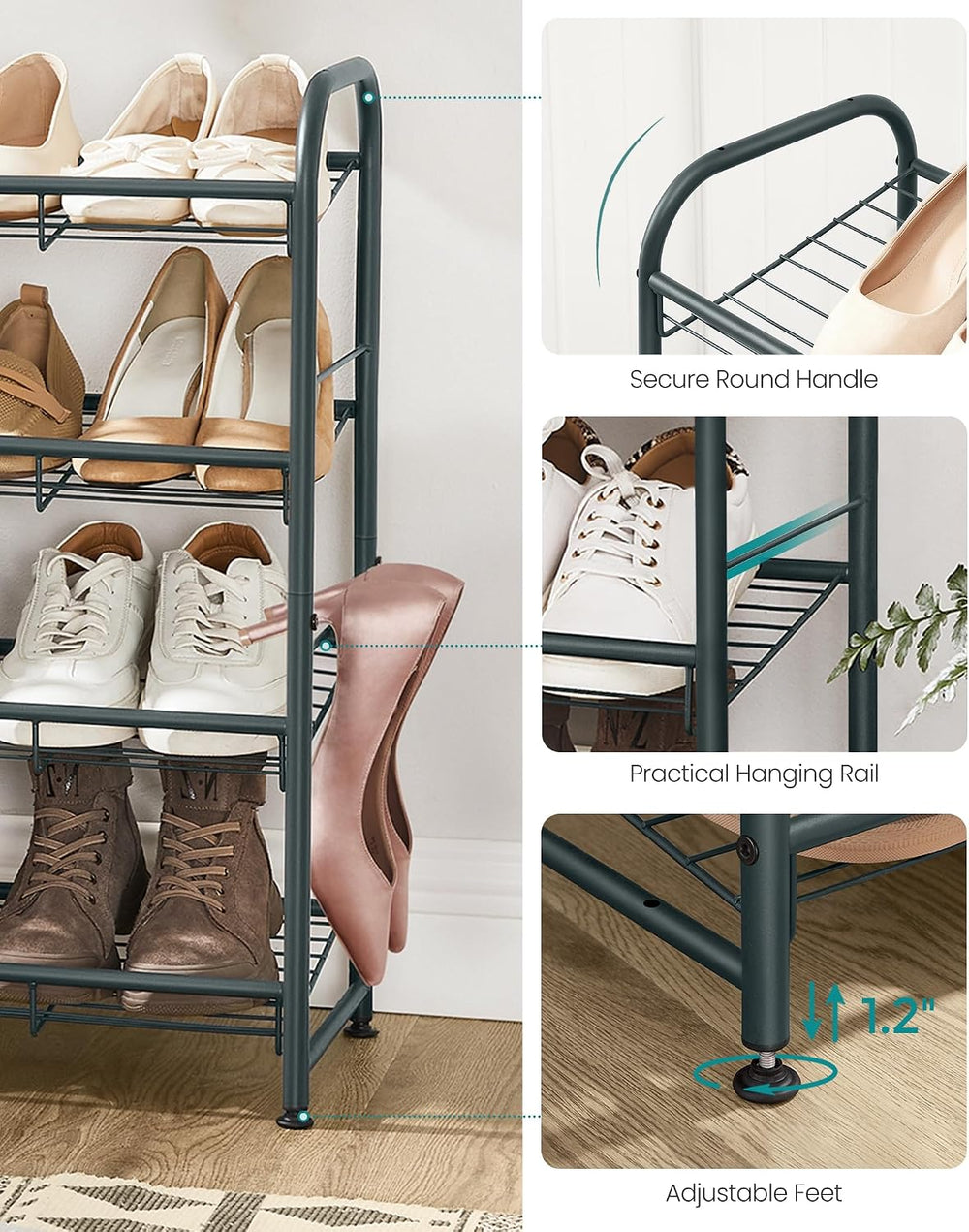 SONGMICS 4-Tier Stackable Metal Shoe Rack, Holds Up to 16 Pairs of Shoes