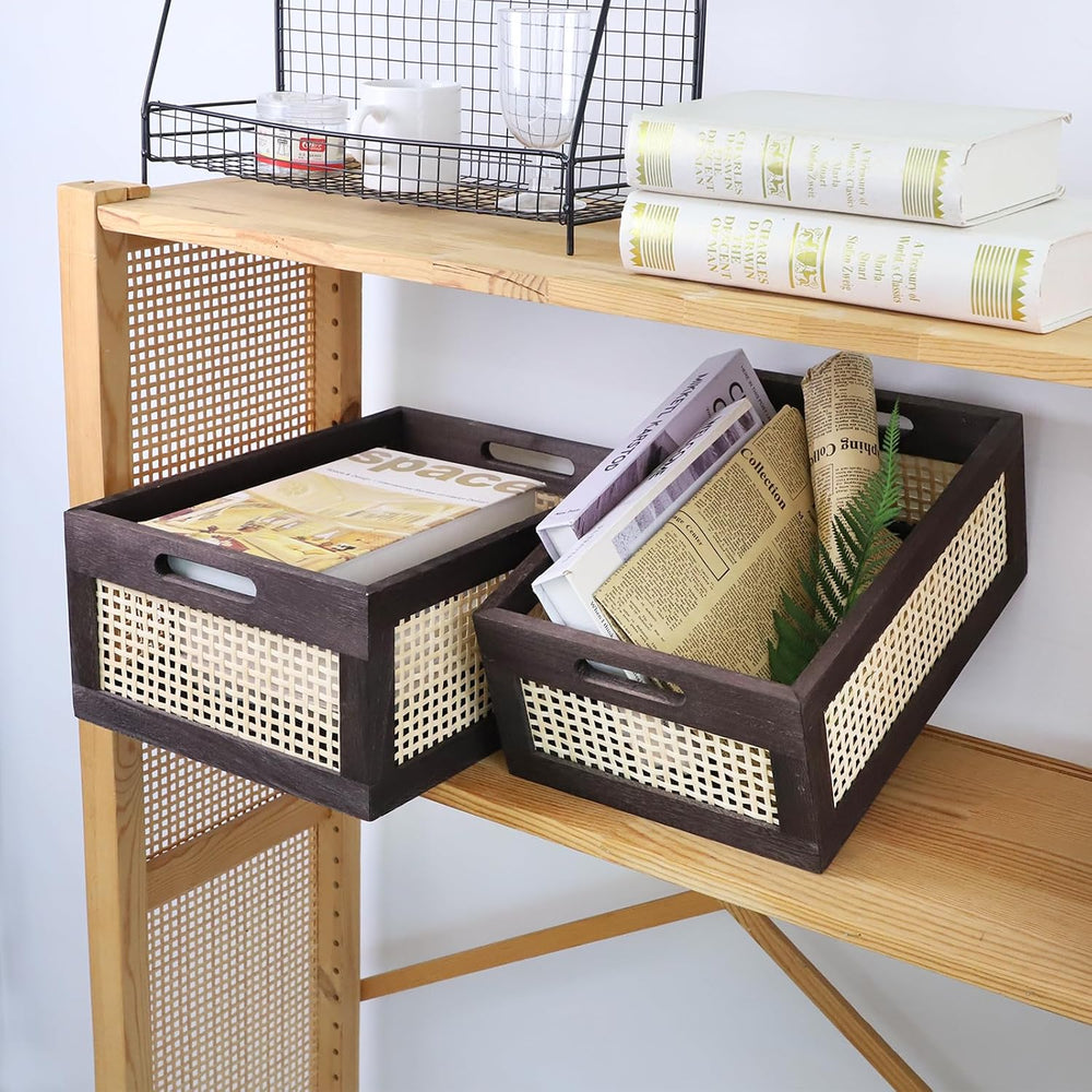 Rattan Wooden Storage Basket with Handle, Brown Set of 2