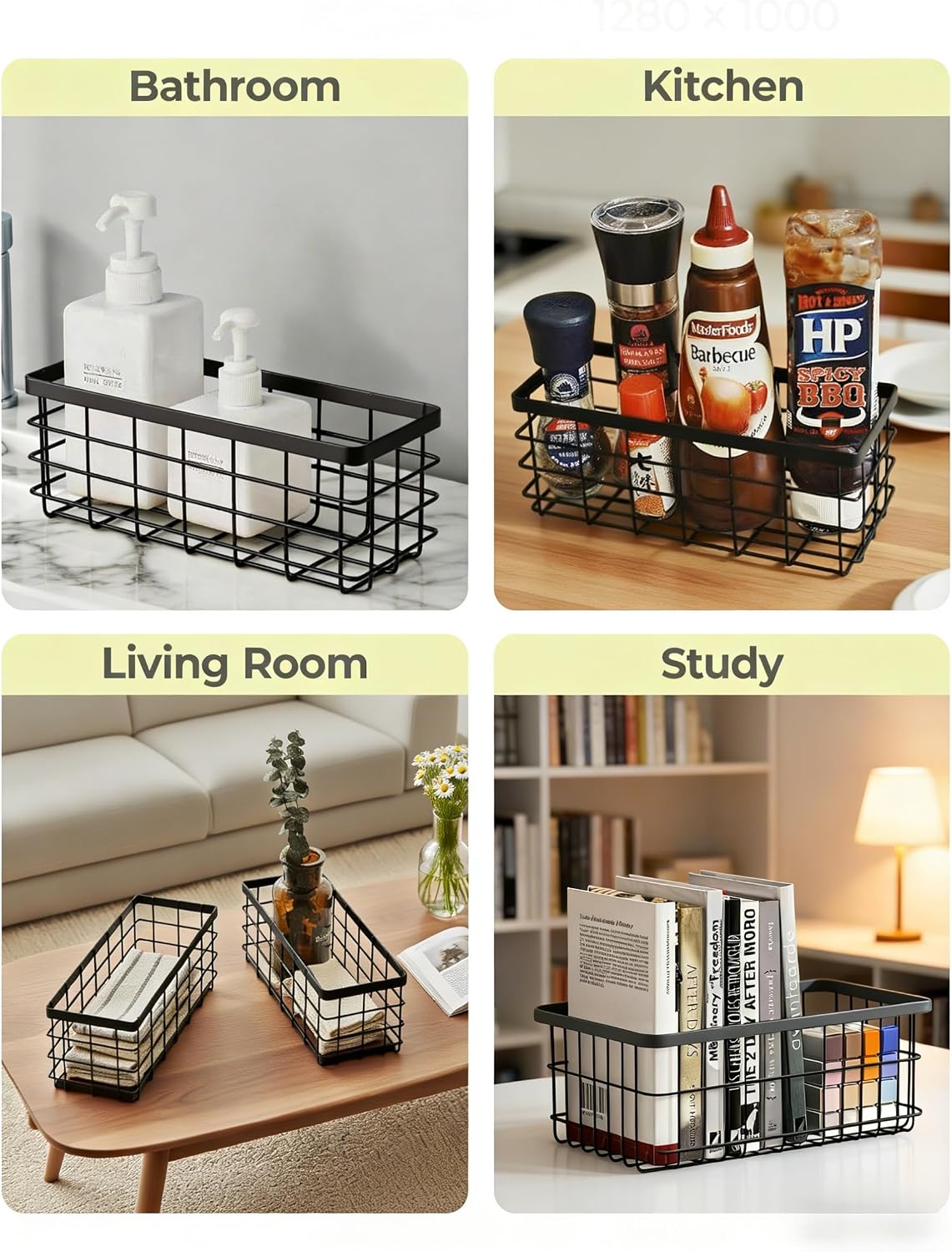 2PCS Adhesive Metal Wire Wall Storage Organizer Hanging Baskets Black M+L | Drill-free mount. Suitable for kitchen, bathroom, pantry, cabinet; serves as spice rack, shower caddy and storage organizer