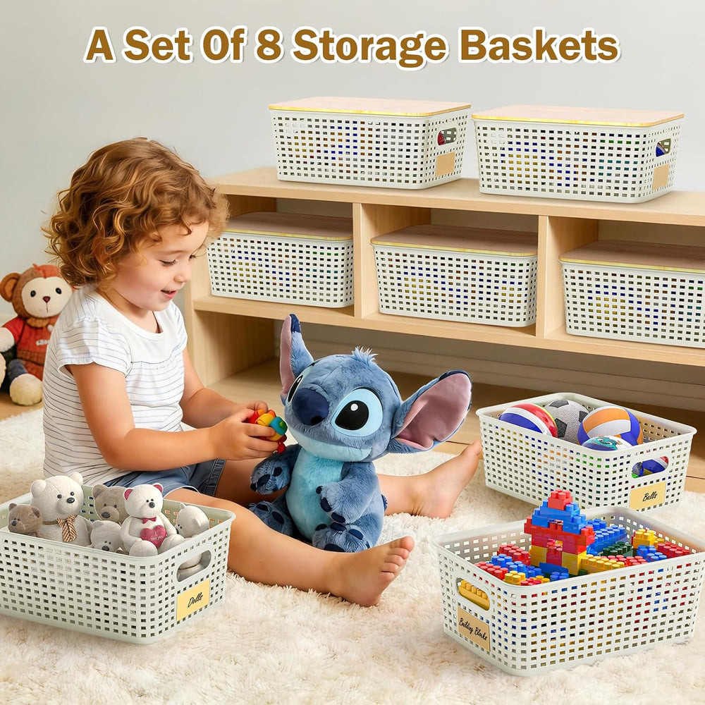 Stackable Storage Baskets: 8 Pack Plastic Baskets Bins, White