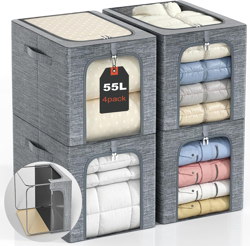 GoMaihe Blanket Storage Bins with Metal Frame for Closet, 55L 4-Pack Grey