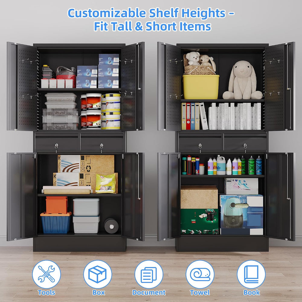 71-Inch Garage Storage Cabinet with 2 Drawers, Pegboard and Wheels