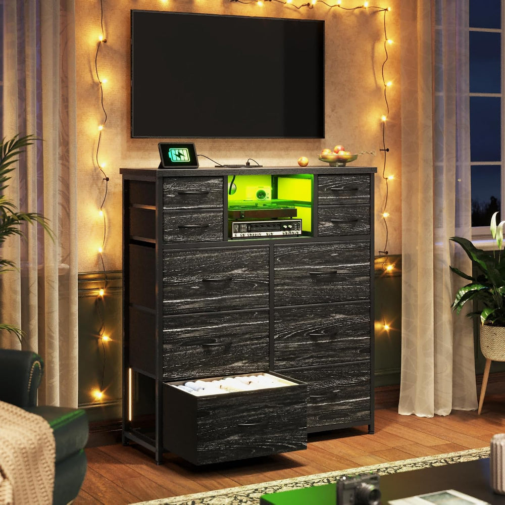 Romorgniz Black Dresser for Bedroom with 10 Drawers, LED & Charging Station