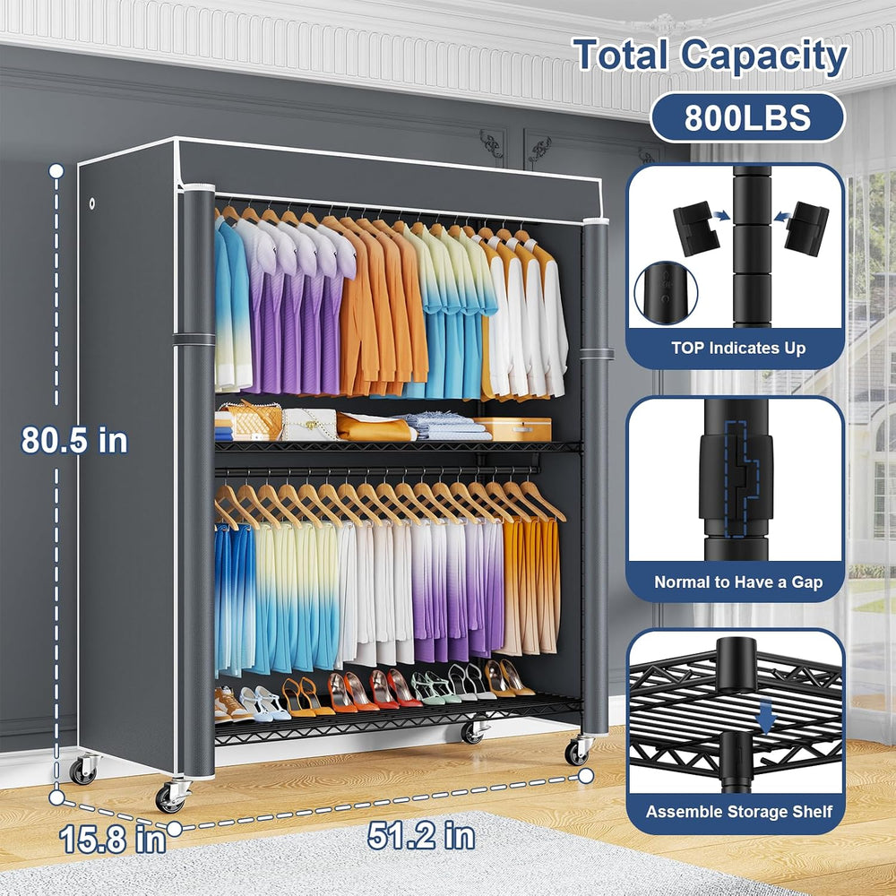 ULIFHOME P8C Max Heavy Duty Clothes Rack(With Extended Width Design) Rolling ...