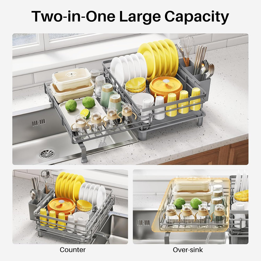 SNTD Expandable Dish Drying Rack for Kitchen Counter, Stainless Steel, Grey