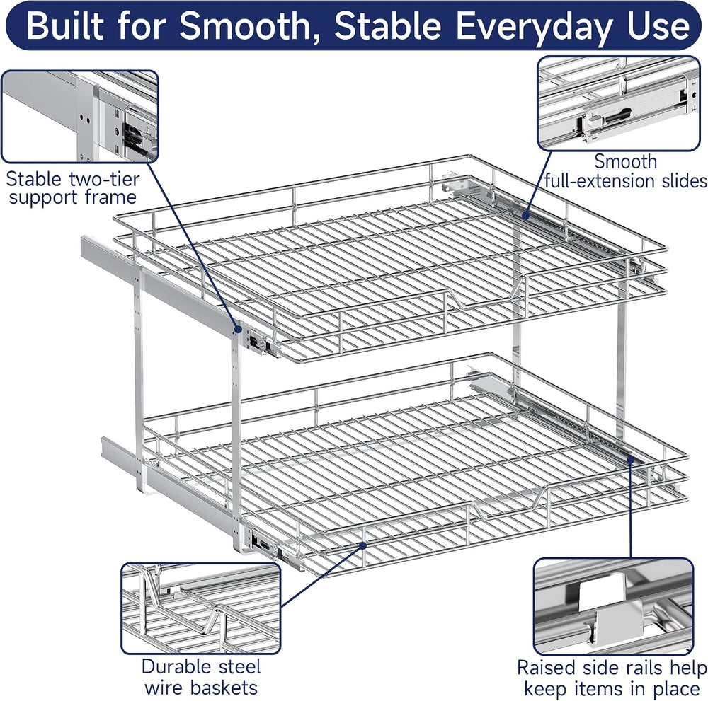2-Tier Pull Out Cabinet Organizer, 27" W x 21.5" D, Heavy Duty Dual...