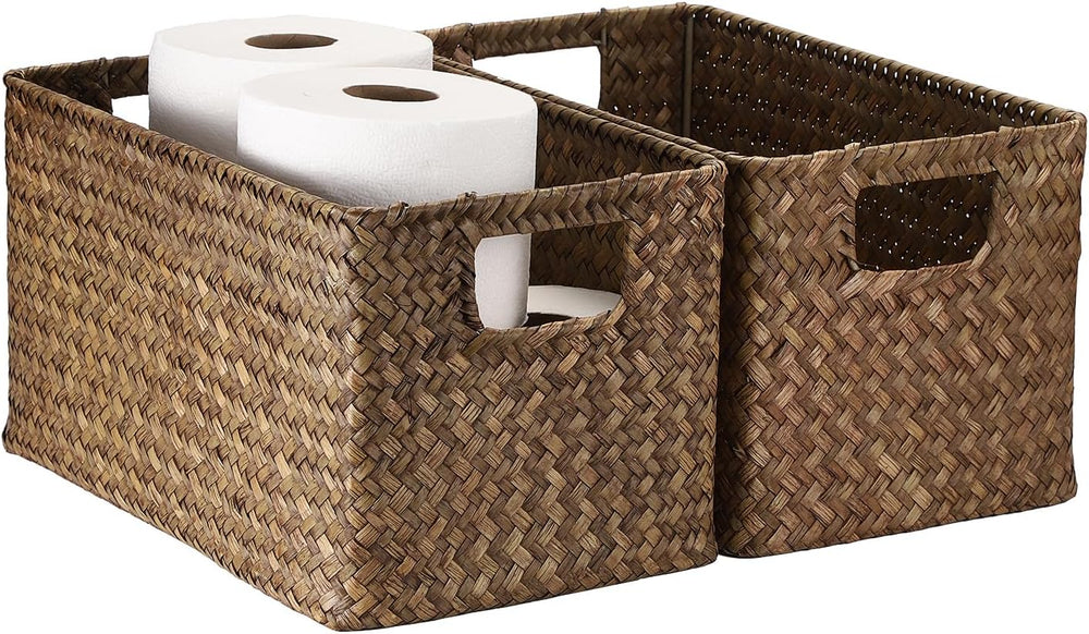 Hipiwe 2 Pack Natural Seagrass Basket with Handles Decorative Wicker Basket B...