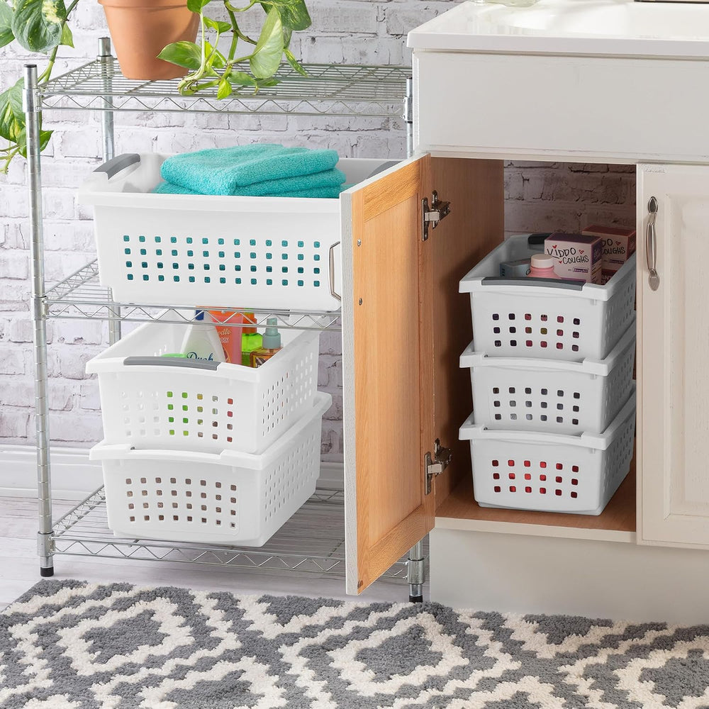 Sterilite 8 Pack Medium Stacking Basket, Open Top Storage Bin with Handles, W...