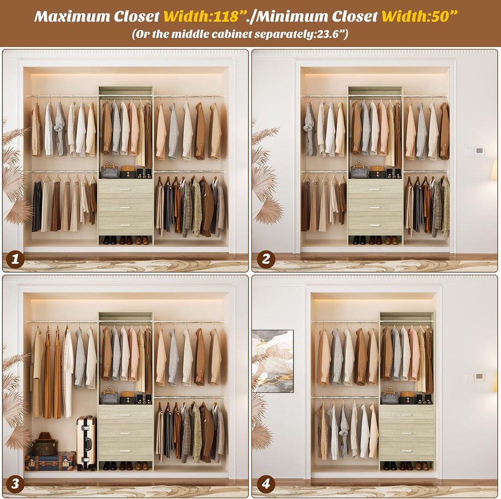 Aheaplus Closet System, 4.2-9Ft Closet Organizer with with 4 Rods, White Oak