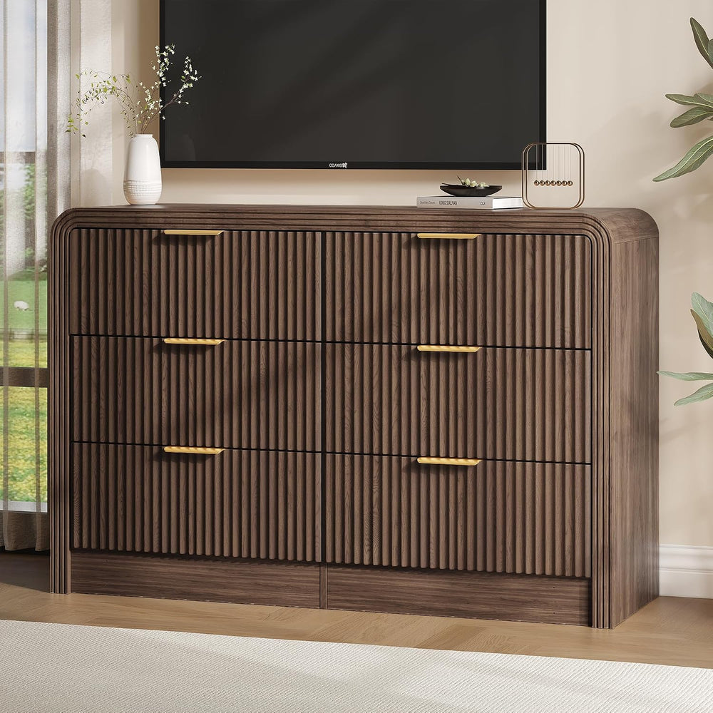 Decofy 47" W Fluted 6-Drawer Dresser for Bedroom, Walnut