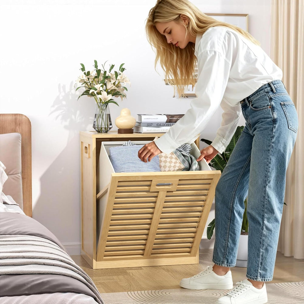 VASMIA Tilt Out Laundry Hamper, Bamboo Laundry Cabinet with Hidden Removable ...